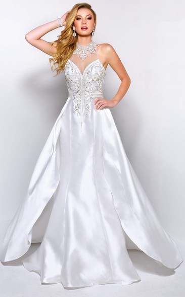 A-Line Jewel-Neck Sleeveless Satin Illusion Dress With Beading