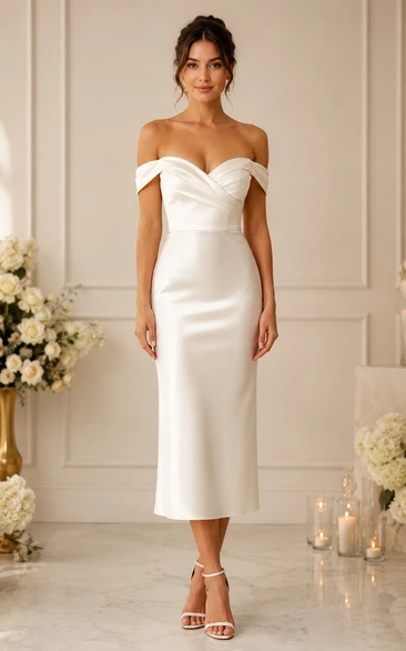 Ivory Off-the-Shoulder Satin Tea-Length Bridal Midi Dress