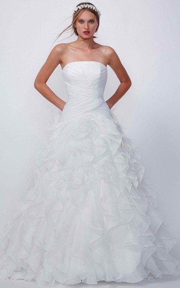 A-Line Long Strapless Sleeveless Ruched Organza Wedding Dress With Cascading Ruffles