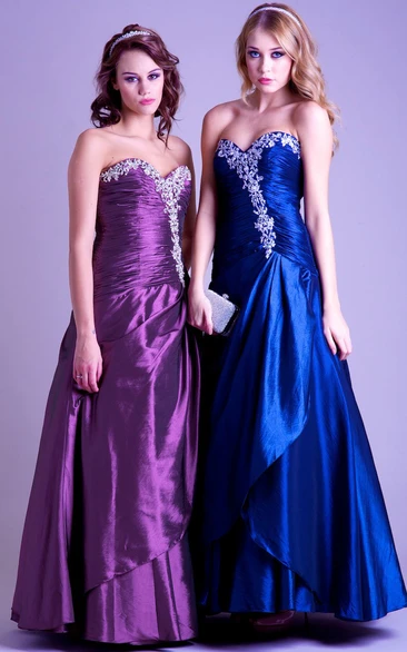 A-Line Ruched Sweetheart Sleeveless Maxi Satin Prom Dress With Beading And Draping
