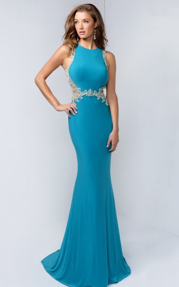 Sheath Jewel-Neck Sleeveless Jersey Keyhole Dress With Beading