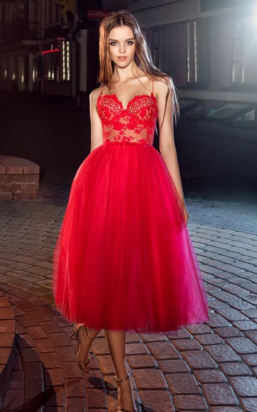A-Line Tea-Length Spaghetti Sleeveless Tulle Lace Dress With Appliques