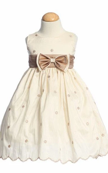 Tea-Length Bowed Embroideried Taffeta Flower Girl Dress
