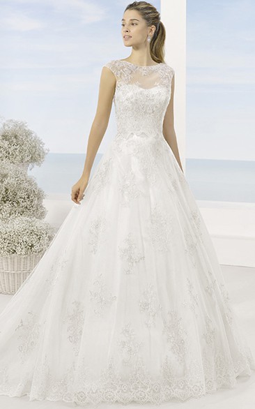 A-Line Maxi Scoop Appliqued Cap-Sleeve Lace Wedding Dress With Chapel Train