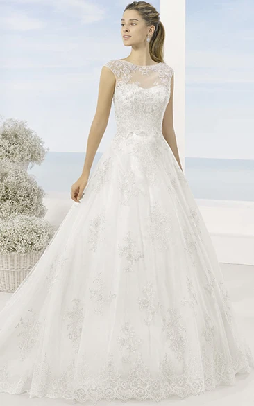 A-Line Maxi Scoop Appliqued Cap-Sleeve Lace Wedding Dress With Chapel Train