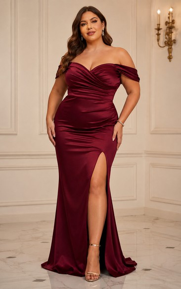 Satin Evening Dress in Burgundy, Off-the-shoulder, Sweetheart Mermaid Floor-Length Gown with Drape and Ruching