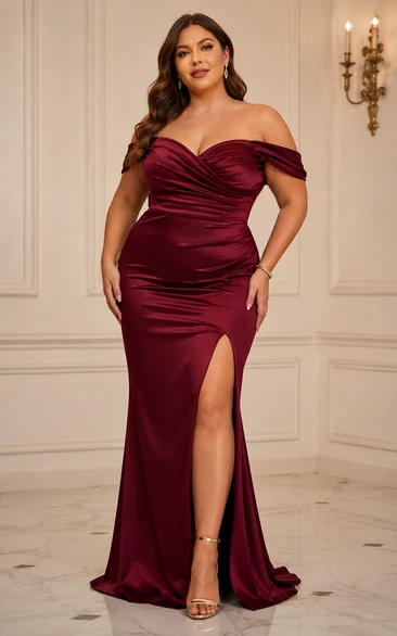 Satin Evening Dress in Burgundy, Off-the-shoulder, Sweetheart Mermaid Floor-Length Gown with Drape and Ruching