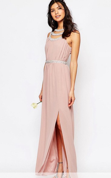 Ankle-Length Beaded Sleeveless Scoop Neck Chiffon Bridesmaid Dress