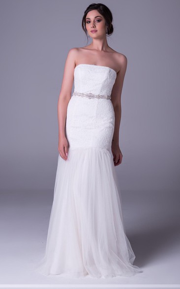 Sheath Jeweled Strapless Sleeveless Floor-Length Lace&Tulle Wedding Dress