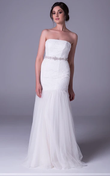 Sheath Jeweled Strapless Sleeveless Floor-Length Lace&Tulle Wedding Dress