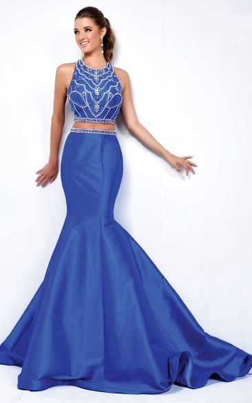 Two-Piece Mermaid Long Jewel-Neck Sleeveless Satin Court Train Dress With Beading