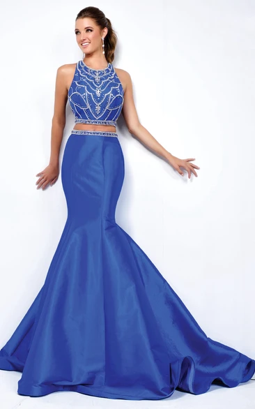 Two-Piece Mermaid Long Jewel-Neck Sleeveless Satin Court Train Dress With Beading