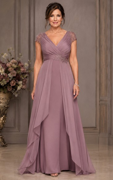 Mauve V-neck A-Line Chiffon Cap Sleeve Mother Dress