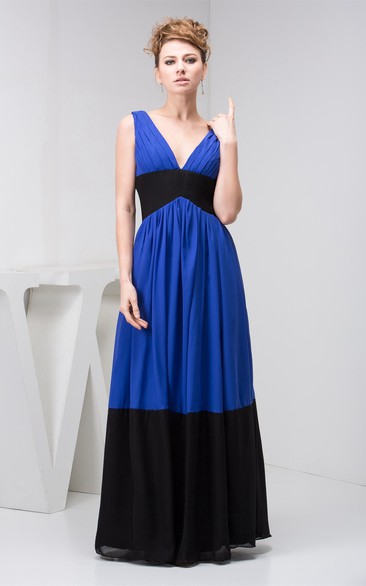 Two-Tone Plunged Floor-Length Chiffon Dress With Pleats