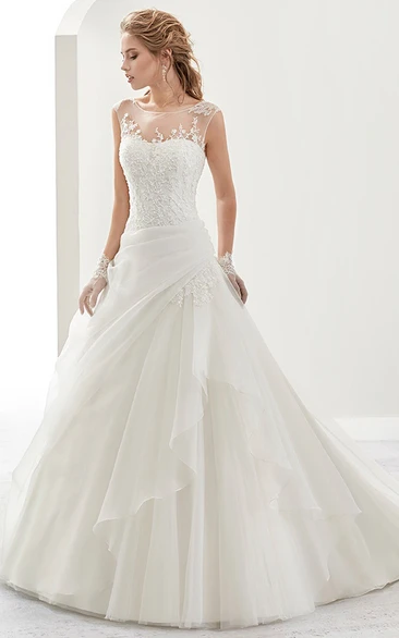 Cap Sleeve A-Line Bridal Gown With Illusive Design And Side Ruffles