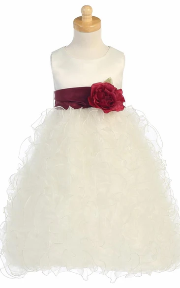 Floral Tea-Length Tiered Organza&Satin Flower Girl Dress With Ruffles