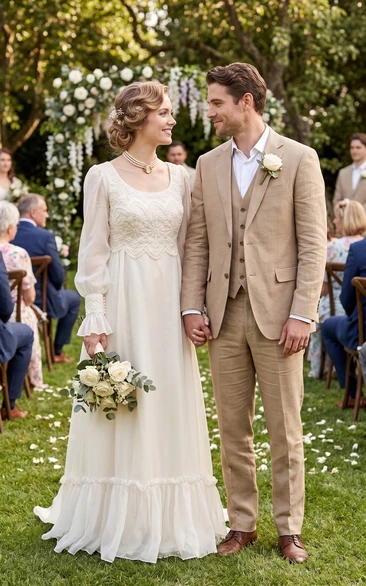 Long Sleeve Scoop Neck Chiffon Dress With Zipper Back