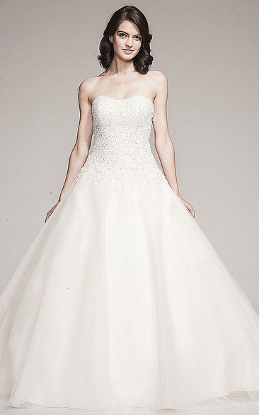 Ball Gown Long Strapless Tulle&Satin Wedding Dress With Beading