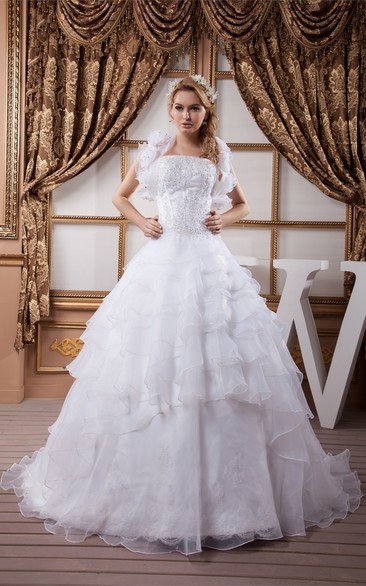 Beaded Ruffled Strapless Bolero and Gown With Beading