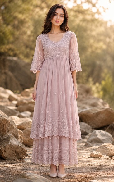 Dusty Rose 3/4 Sleeve Lace Tea-Length Bridesmaid Dress with Tiered Skirt