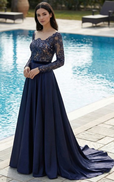Square Neck Lace & Satin Sweep Train Gown
