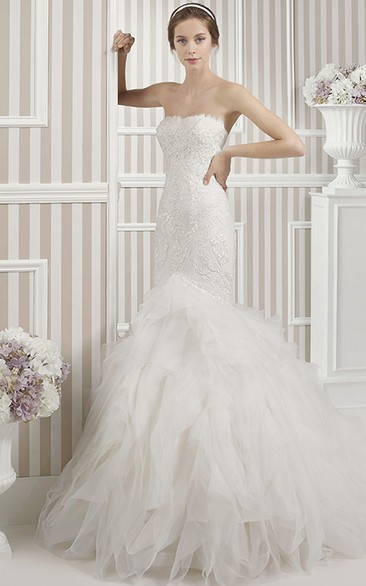 Mermaid Sleeveless Strapless Ruffled Maxi Tulle Wedding Dress With Appliques And Backless Style