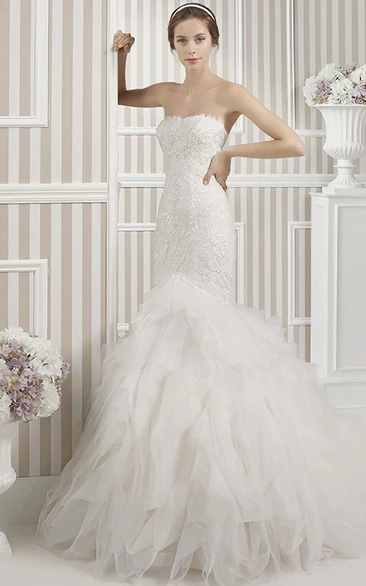Mermaid Sleeveless Strapless Ruffled Maxi Tulle Wedding Dress With Appliques And Backless Style