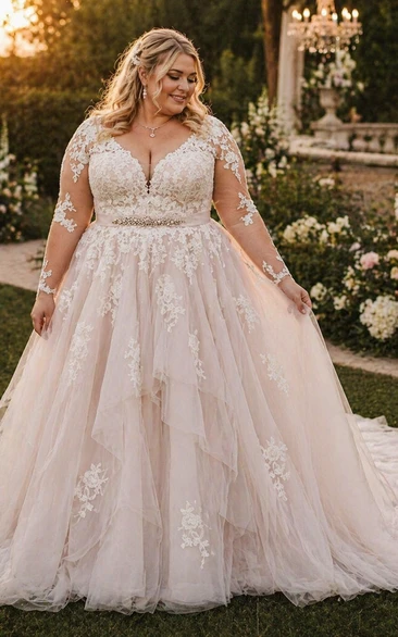 Romantic A Line Lace Floor-length Train Long Sleeve Wedding Dress with Appliques