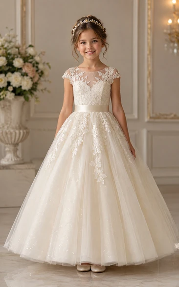 Princess Ball Gown Floor Length Cap Sleeve Tulle Lace Flower Girl Dress with Ivory lace cap sleeves and full tulle skirt