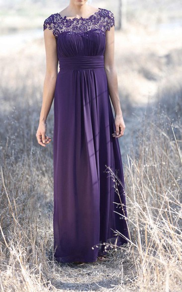 Cap Sleeve Pleated A-Line Chiffon Long Dress White main image 1