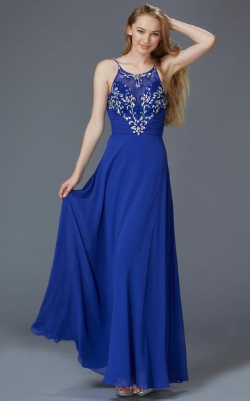 Sheath Floor-Length Spaghetti Sleeveless Chiffon Zipper Dress With Beading