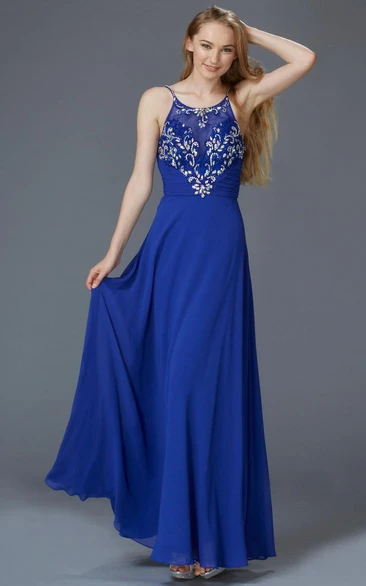 Sheath Floor-Length Spaghetti Sleeveless Chiffon Zipper Dress With Beading