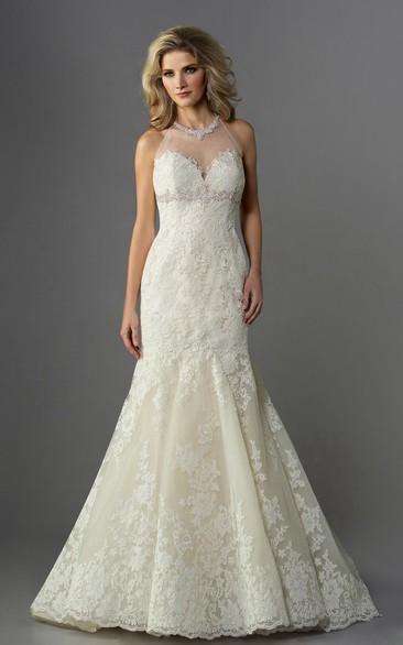 Jeweled High Neck Mermaid Gown With Lace Appliques