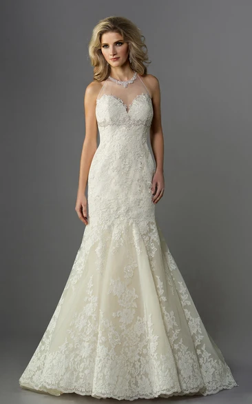 Jeweled High Neck Mermaid Gown With Lace Appliques