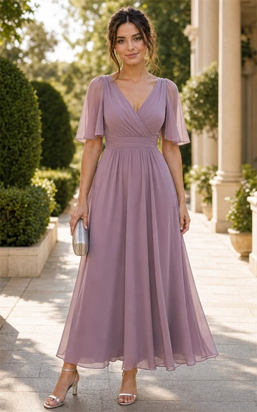Vintage Mauve Flutter Sleeve Chiffon Floor Dress