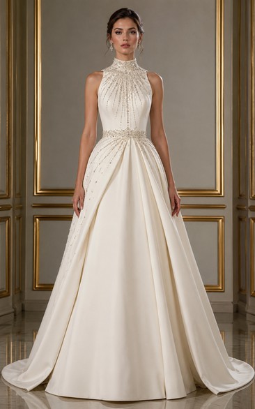 Ivory High Neck Beaded Satin A-Line Wedding Gown
