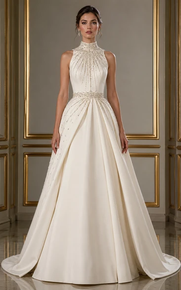 Ivory High Neck Beaded Satin A-Line Wedding Gown