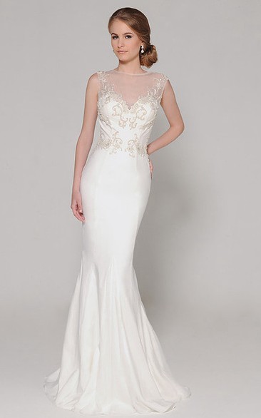 Floor-Length High Neck Beaded Chiffon Wedding Dress With Brush Train And Illusion