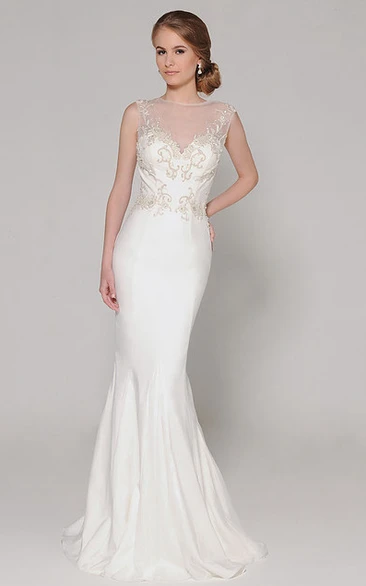 Floor-Length High Neck Beaded Chiffon Wedding Dress With Brush Train And Illusion