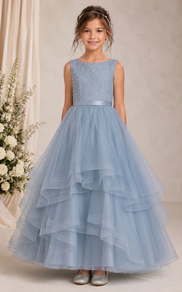 Steel Blue A-Line Lace Flower Girl Dress with Cascading Ruffles