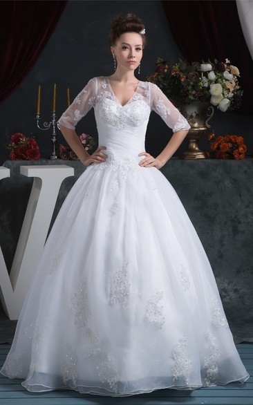 V-Neck A-Line Appliqued Illusion Half Sleeve and Gown With Ruching