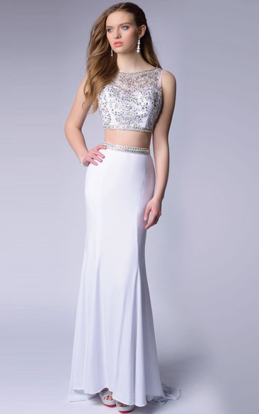 Two Piece Sleeveless Chiffon Homecoming Dress Featuring Glimmering Bodice