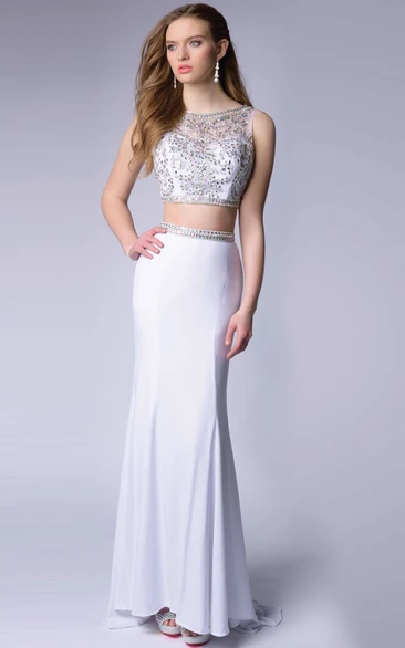 Two Piece Sleeveless Chiffon Homecoming Dress Featuring Glimmering Bodice