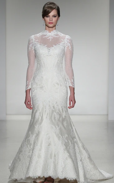 Trumpet Maxi Long-Sleeve High Neck Lace Wedding Dress With Appliques And Illusion