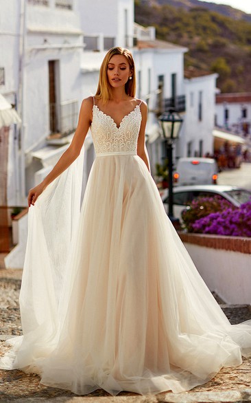 Spaghetti Summer Tulle A-line Wedding Dress with Lace Top