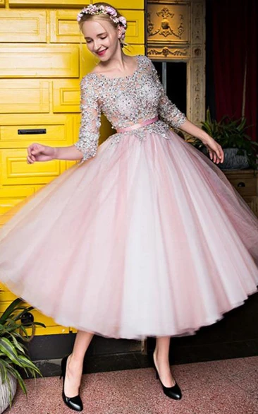 3-4 Sleeve Boat Neckline Applique A Line Tea Length Evening Dress