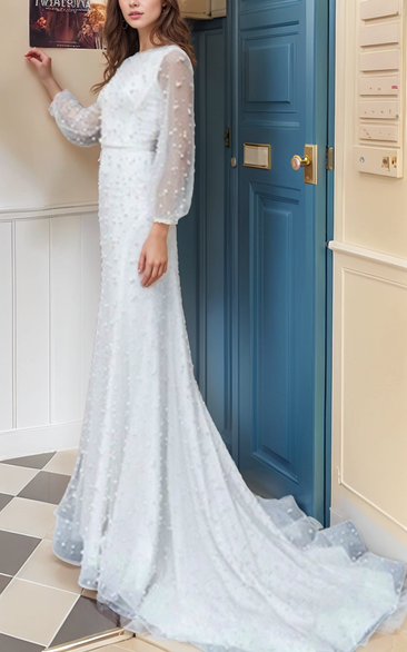 Bateau-neck Pearls Illusion Long Sleeve Sheath Beach Classy Wedding Dress