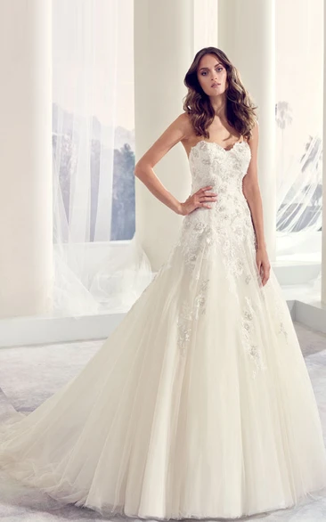 A-Line Sleeveless Sweetheart Appliqued Floor-Length Tulle Wedding Dress