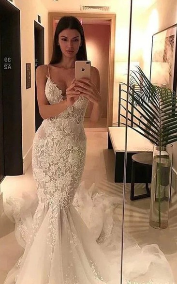Spaghetti Mermaid Lace Applique Tulle Luxury Illusion Wedding Dress