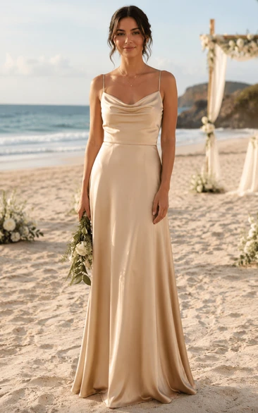 Champagne Cowl Neck Satin Beach Bridesmaid Dress